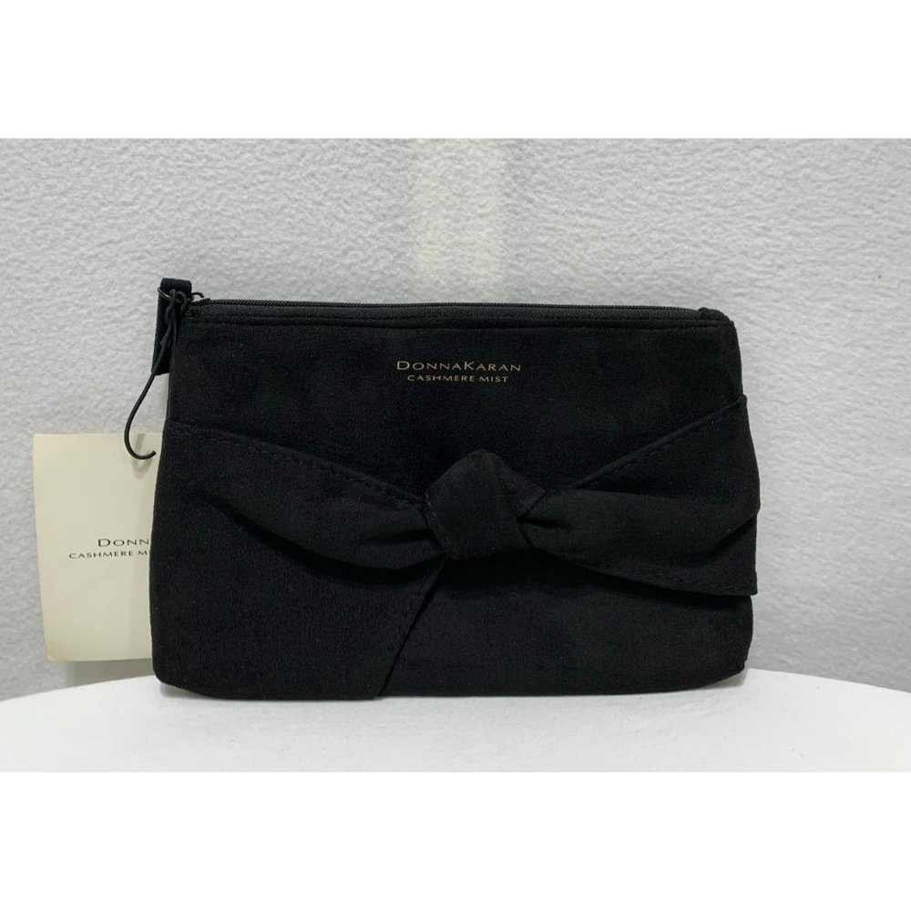 NWT Donna Karan Cashmere Mist Cosmetic Case Makeup Bag Black Bow